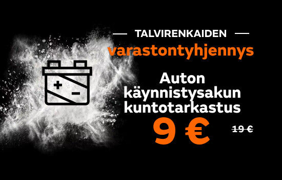 Talvirenkaiden varastontyhjennys, käynnistysakun kuntotarkastus 9 €