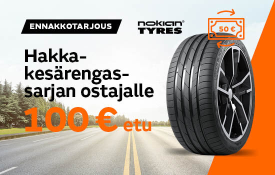 Vianor ennakkotarjous – 100 € etu Hakka-kesärengassarjan ostajalle. Nokian Tyres -laaturenkaat, 50 € alennus ja 50 € etuseteli talvirenkaisiin tai autohuoltoon.